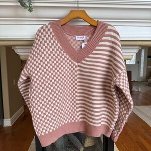 Checker & Stripe V-Neck Sweater - Dusty Rose & Cream